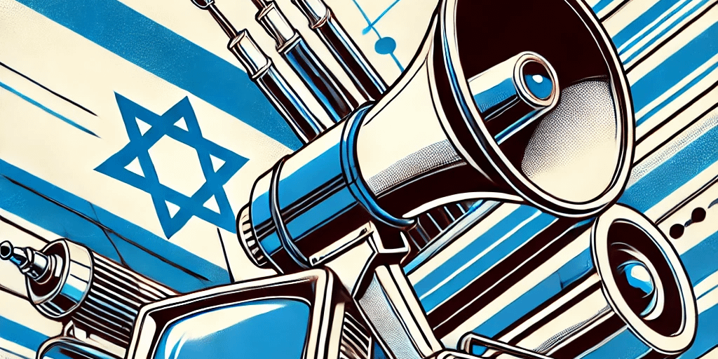 A dynamic, futuristic style image featuring a megaphone, a television, and a radio, all positioned in an energetic composition. Each item is illustrat